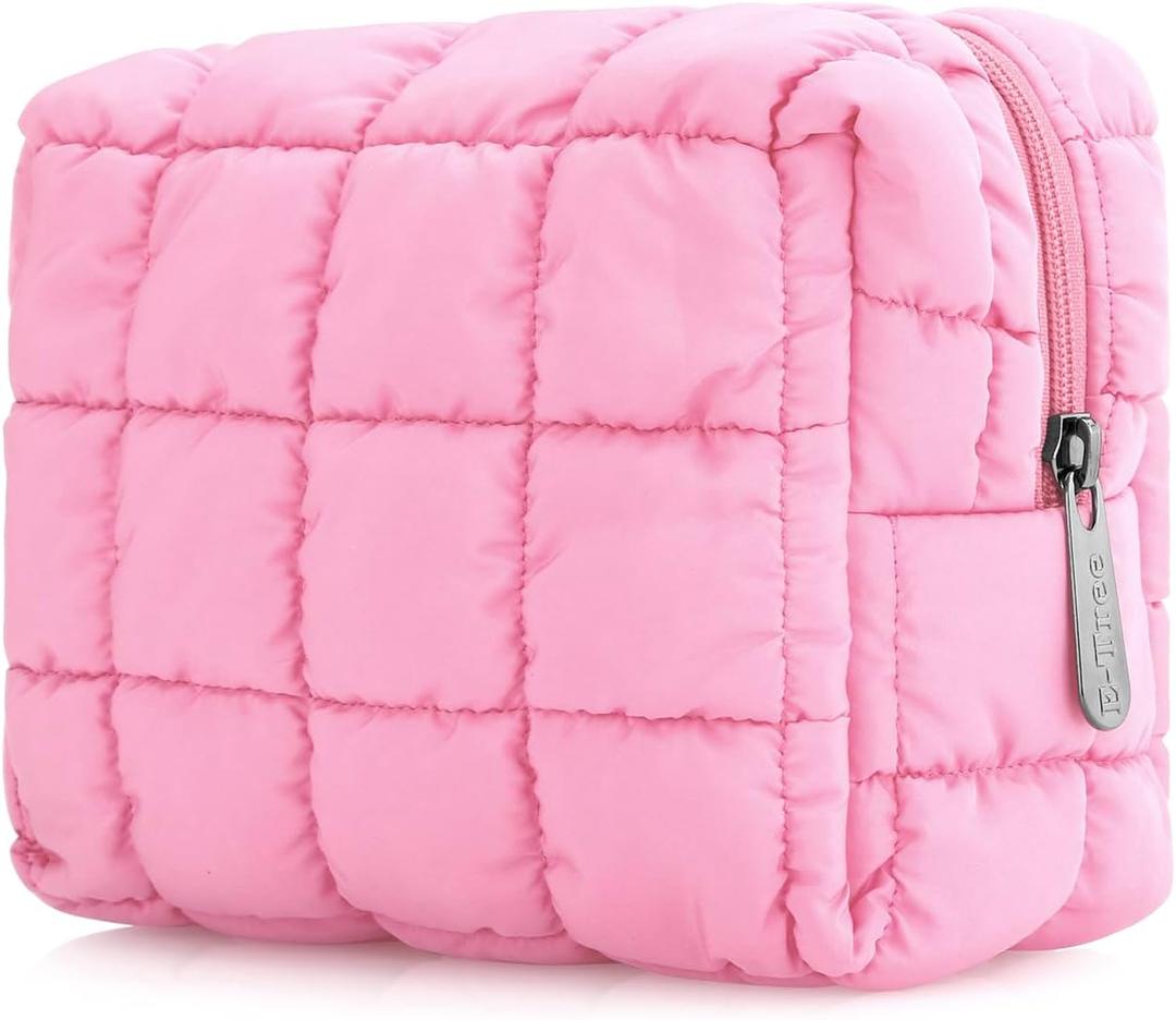 E-Tree Cute Makeup Bag,Quilted Cosmetic Bag for Women,Make up Pouch for Purse,Toiletry Zipper Pouch,Checkered Bag,Travel Case,Storage Pouches for Organization (Pink)