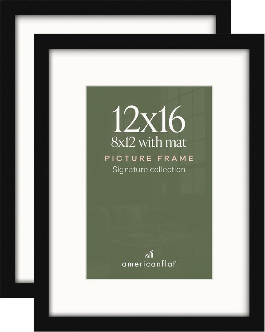 Americanflat 12x16 Picture Frame 2-Pack - Matted to 8x12 - Black