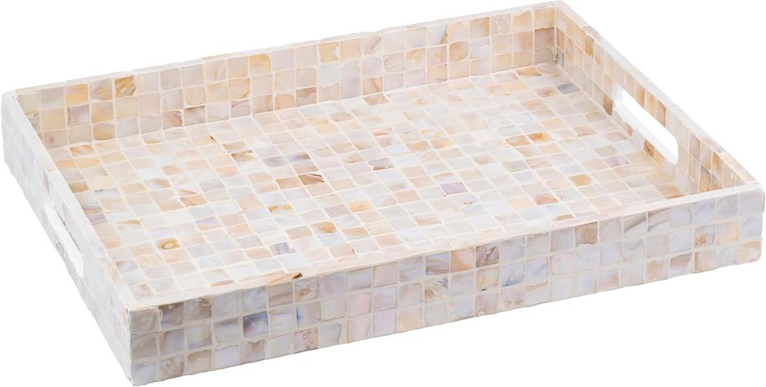 PEMAR Rectangular Mother of Pearl Serving Tray Nacre Wood Lap Ottoman Tray for Coffee Table, Luxury Decorative Handmade Eating Platters w Insert Handles (White Cream)