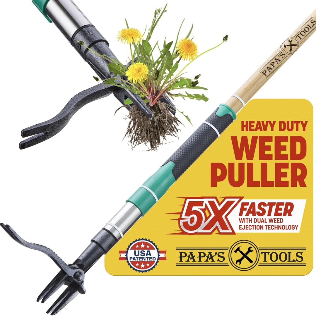 Papa's Tools Weed Puller Tool, 44" Stand Up Weeder Garden Tools & 4 Claw Steel Head, Dual Weed Eject Tech. Made with Real Bamboo & Long Wooden Handle, Yard Weeding Remover for Gardening Men & Women (Natural / Green)