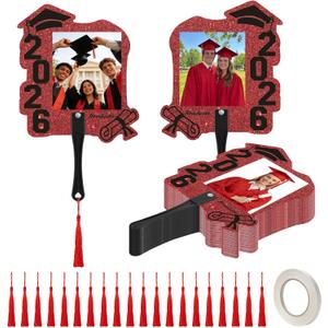 LawnIdyll 36 PCS Custom Graduation Fan Photo Frames with Handle, Plastic Class of 2026 Photo Props with Tassel, Double Sided Sparkle Grad Party Frames for Grad Events, School Ceremony (Black & Red)