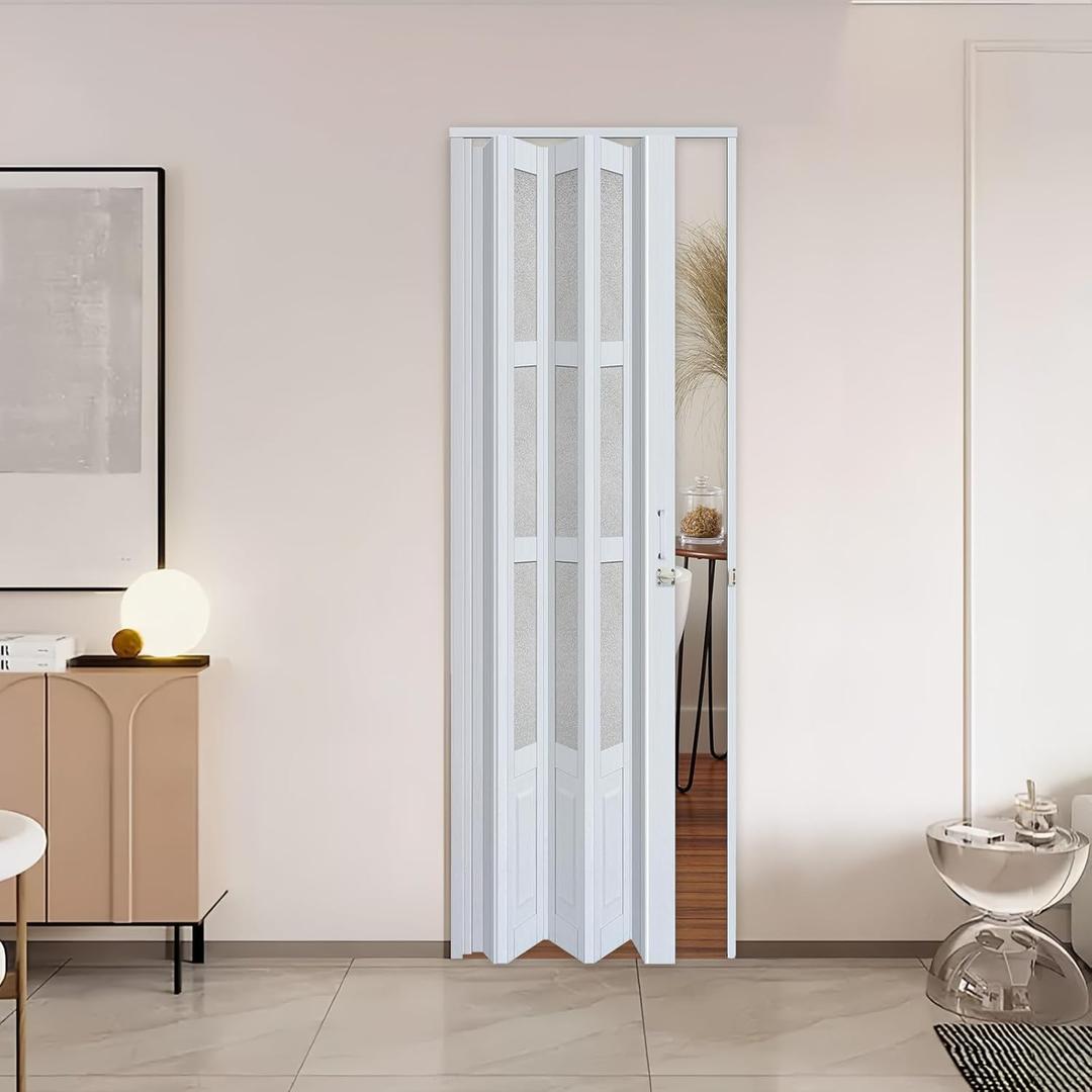 CCBOYSHARDWARE 42X80in Accordion Door Interior with Frosted Acrylic, PVC Folding Door with Lock & Handle, Double Magnetic Sliding Door for Closet, Pantry& Room Divider,Easy to Clean,Trimmable