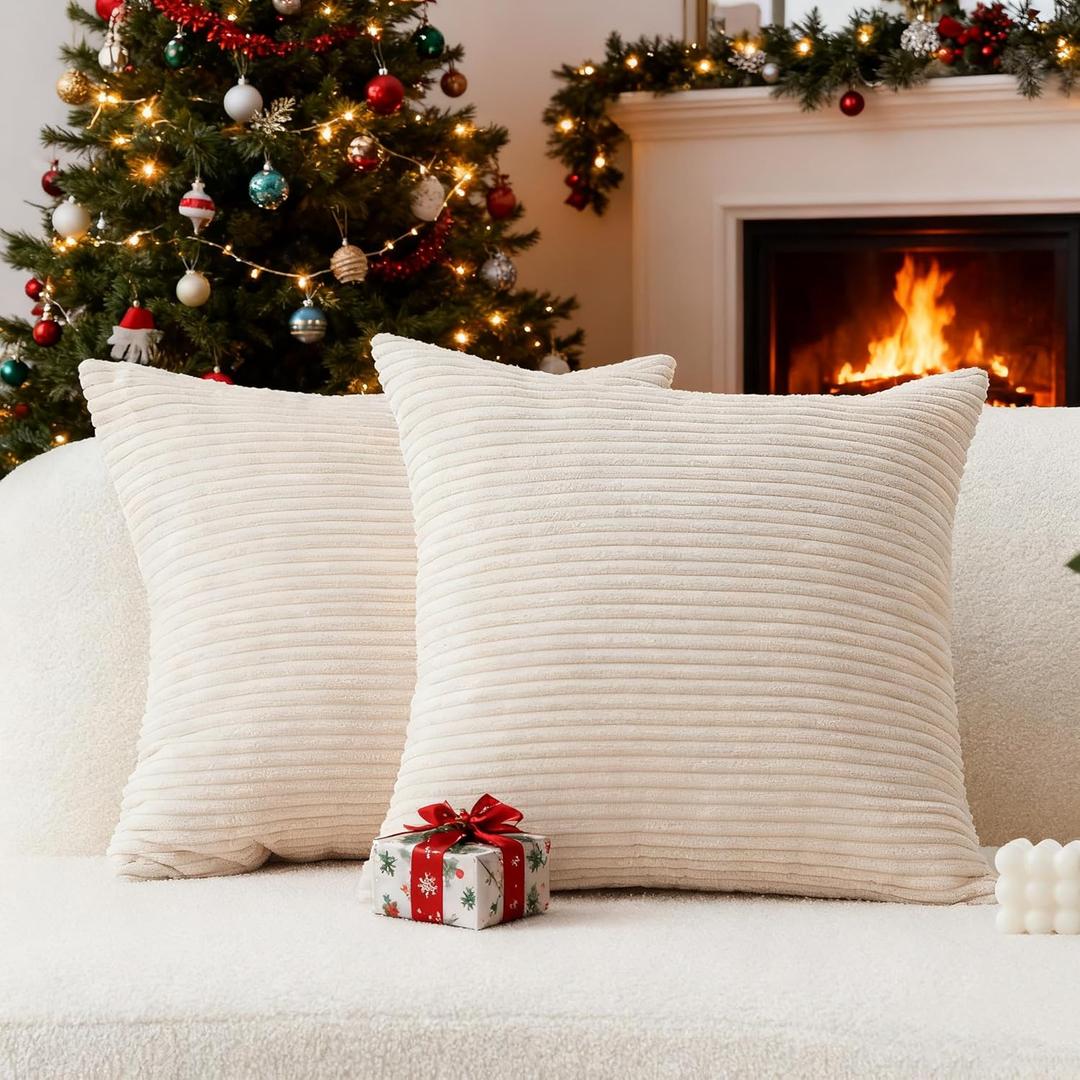 Home Brilliant 24x24 Pillow Covers Set of 2 Striped Velvet Corduroy Euro Throw Pillow Sham Large Cushion Covers for Chair Christmas Decor, 24 x 24 inch, Cream Cheese