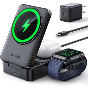 Lamicall 3 in 1 Charging Station for Apple - Foldable Wireless Charger Stand for MagSafe Portable, Travel Wireless Charger Station for Multiple Devices for iPhone 16, 15, 14, 13, Apple Watch, AirPods (Black)