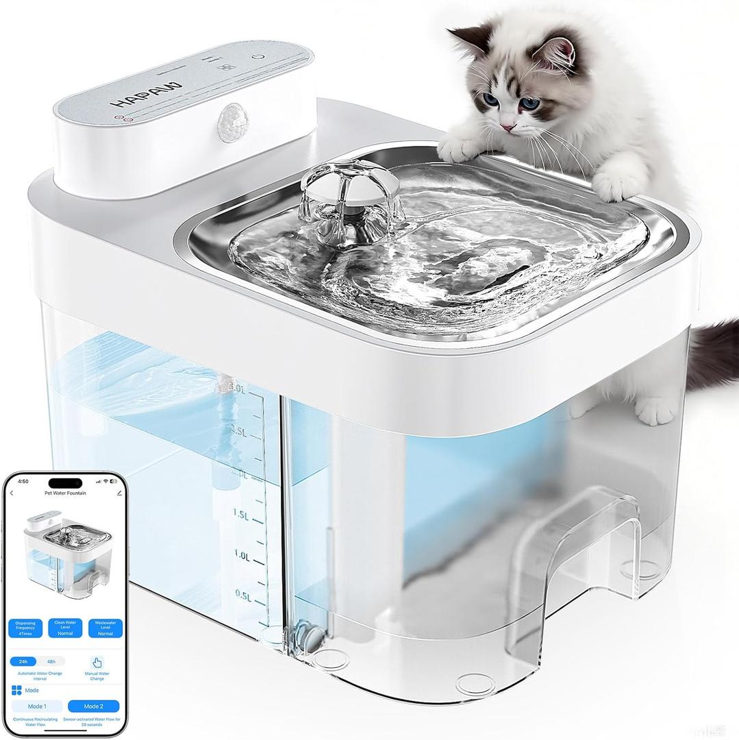 Cat Water Fountain, No Filter Cotton, App Monitoring Wastewater Separation Pet Water Fountain, 5000mAh Battery & Plug-in, 3L/101oz Wireless Automatic Water Dispenser for Cats Indoor, 2.4G Wi-Fi (White)