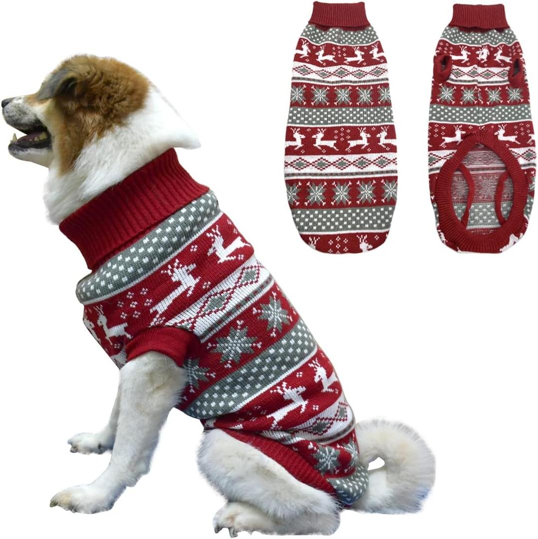 Vehomy Dog Christmas Sweater Xmas Pet Winter Knitwear Clothes Classic Warm Turtleneck Sweater Reindeer Snowflake Argyle Sweater Outfit for Medium Large Dogs XL