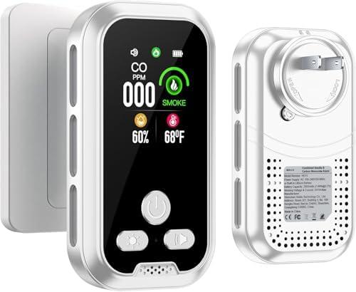 HAKINAKU 4IN1 Plug in Smoke & Carbon Monoxide Detector Combination Builti-in 2000 mAh Backup Battery HD Screen [Smoke CO Temp Humidity Sensor] Alarm for Home Travel Hotel Indoor (White)