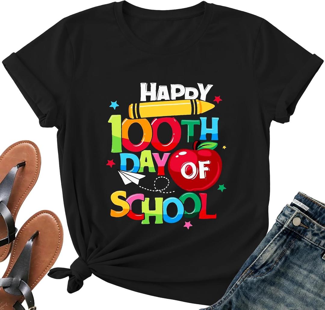 Happy 100 Days of School Teacher Shirt-Women 100th Day Teacher Life Short Sleeve Cute School Day Tee Top (XXL, 013black)