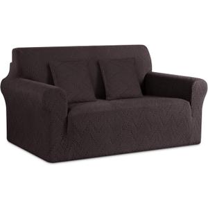 Ruaozz Stretch Loveseat Sofa Cover 1 Piece Couch Covers for 2 Cushion Couch Non Slip Loveseat Slipcover Soft Jacquard Furniture Protector with 2 pcs Throw Pillow Covers (2 Seater, Chocolate)