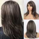 Brown Layered Wig with Balayage Highlight Gray with Bangs for Women, 16inch Layered Wavy Wigs White to Brown Highlights for Black Women Synthetic Wig for Daily Use