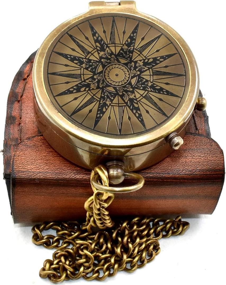 Classic Handmade Antique Functional Brass Compass with Chain and Leather Case  Vintage Decorative Pocket Compass for Men and Women for Wife