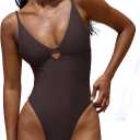 LASLULU Women's Sexy One Piece Swimsuits V Neck Padded Bathing Suit Modest Front Cutout Open Back Slimming Swimsuit (Brown, M)