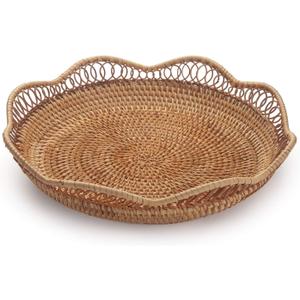 Rattan Fruit Basket for Serving Woven Bread Tray for Cake Kitchen Counter Table Natural (11.8inch D x 3.5inch H)