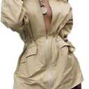 DINGANG Women's Long Sleeve V Neck Fall Casual Mini Dresses A Line Zipper Drawstring Tie Windbreaker Dress Khaki, XL