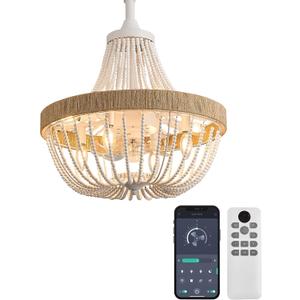 20 Rustic Beaded Chandelier Ceiling Fan with Lights, Remote & App Control, 6 Speed, 8-Lights Boho Fandelier, for Bedroom, Dining Room (Minimalist White), 20 IN, Wood Bead