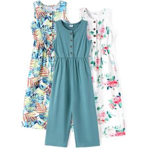PATPAT 3 Pack Girls Jumpsuits Solid Color Floral Print Button Down Sleeveless Jumpsuits Long Romper Pants with Pockets 5-12Y (9-10 Years, Leaf: Green/White/Solid)