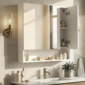 VASAGLE KAILYN Collection - Medicine Cabinet Mirror, Bathroom Wall Mirror Cabinet with Storage, Open Compartment, Adjustable Shelves, 6.5 x 27.6 x 29.5 Inches, Cloud White UBBK129W01