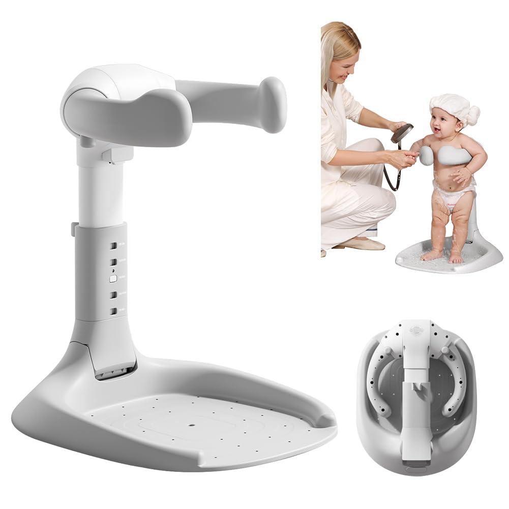 Baby Shower Stand, Baby Bath Support, Shower Standing Support with Adjustable Height and Armrest, Bath Stand with Anti-Skip and Shower Head Holder, Bath Essentials for Infants (Grey)