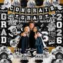 Black and Silver Graduation Decorations 2026 Set, All-in-1 Kit with Congrats Grad Banner Class of 2026 Backdrop Porch Sign Balloons Centerpieces Card Box Pom Poms Streamers for College High School