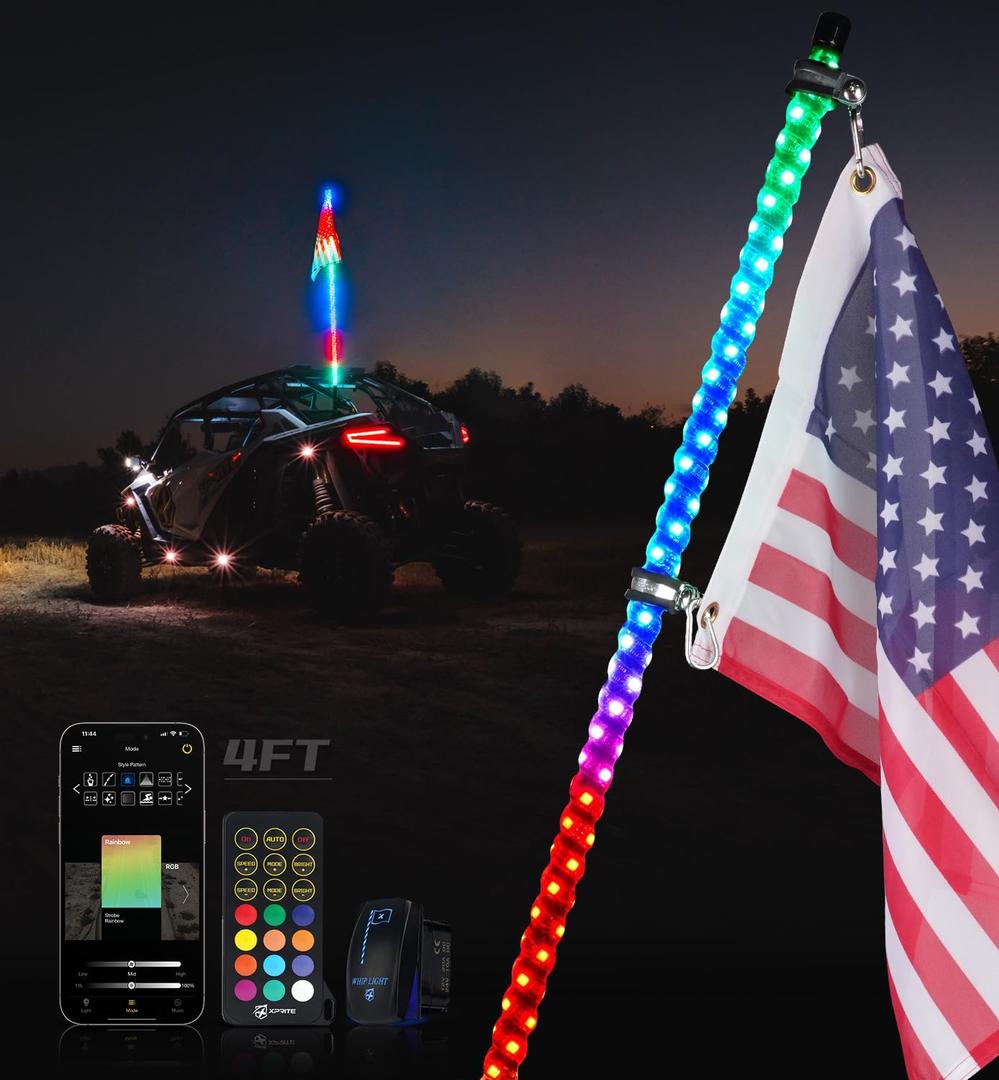 Xprite 1PC 4FT RGBW LED Whip Light with Spring Base, App & Remote Control Chasing Antenna Lighted Whips, Compatible with SXS ATV UTV Polaris RZR Can-am Buggy Trucks Jeep