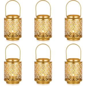 NUPTIO Gold Lanterns for Wedding Centerpieces: 6 Pcs 4.1inch Hanging Metal Tealight Holders Bulk Decorative Mini Tea Lights Indoor Candle Lantern for Thanksgiving Diwali Ramadan Decor (Style 1)