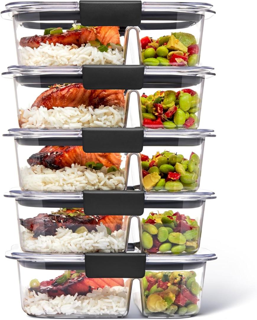 Rubbermaid Brilliance Meal Prep Containers, 2-Compartment Food Storage Containers, 2.85 Cup, 5-Pack, BPA-Free, Clear/Grey