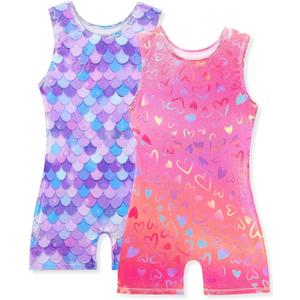 Gymnastics Leotards for Girls Shiny Toddler Biketard Unitard One Piece Tumbling Outfits (2-3T, 2pcs Mermaid & Love Heart)