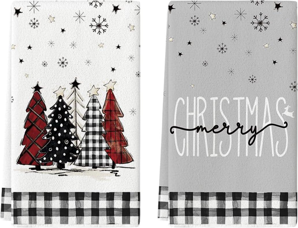 Artoid Mode Buffalo Plaid Merry Christmas Kitchen Towels Dish Towels, 18x26 Inch Winter Xmas Trees Star Decoration Hand Towels Set of 2 (Black/Beige)
