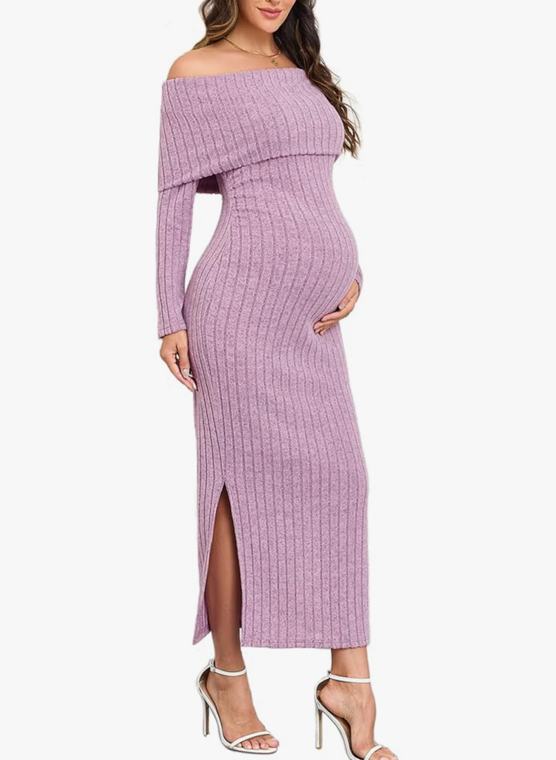 CYCLAMEN Off-Shoulder Maternity Sweater Dress Rib Knit Long Sleeve Dresses with Side Slit Pregnancy Clothes Baby Shower,XXL