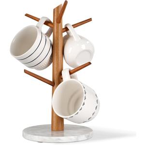 Acacia Wood Mug Tree, Marble Base Coffee Mug Tree for Counter, Mug Holder Tree with 6 Hooks for Kitchen Coffee Bar Mug Organize