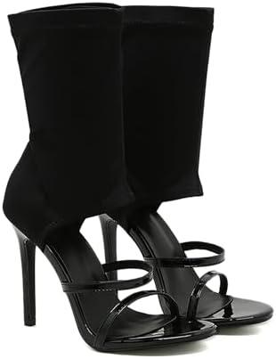 Women's Stretchy Cloth High Top Two Strapy Stiletto Gladiator Sandals Sexy Open Toe High Heel Summer Elastic Ankle Boot Sandals for Summer Dress Wedding Party Daily Wear Shoes (9, Black)
