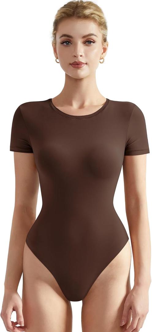 SUUKSESS Women Crew Neck Short Sleeve Thong Bodysuit Shirts Basic Top (X-Small, 01 Coffee)