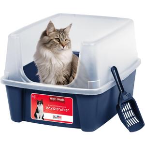 IRIS USA Cat Litter Box Large Open Top with High Sided Walls Tall Scatter Shield Scoop Included Easy Clean Plastic Pan Stain Resistant for Big Cats Kittens Indoor Multi-Cat Households