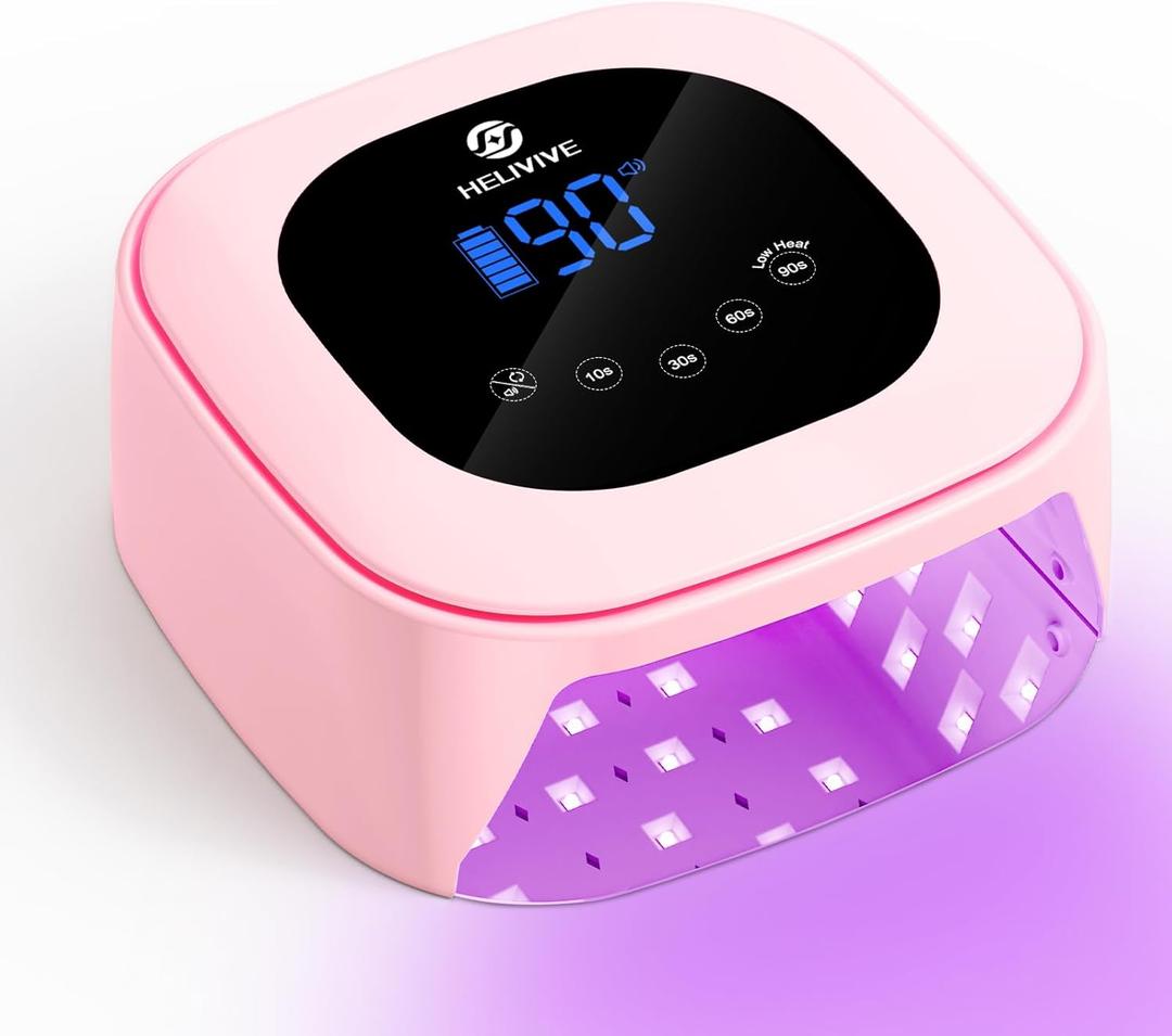 Cordless UV LED Nail Lamp, 80W Rechargeable Nail Dryer with 4 Timers, Atmosphere Light & Mirror Base, UV Light for All Gel Nails, Ideal for Training,Nail Art Practice,Home & Salon Use (Pink)