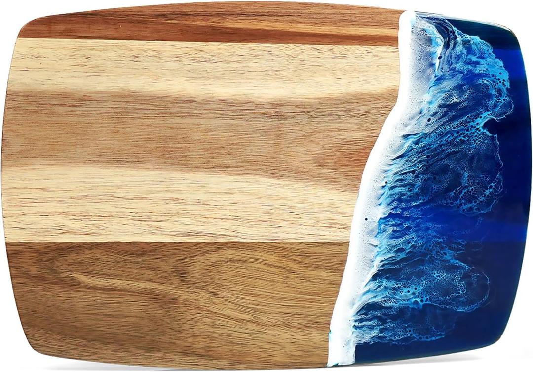 Acacia Wood Cutting Board with Resin Wave Design, Versatile Kitchen Chopping Board for Meat, Vegetables, Fruits, Cheese & Charcuterie, Blue Ocean Vibes Elegant Serving Tray, 14x9.8 Inches