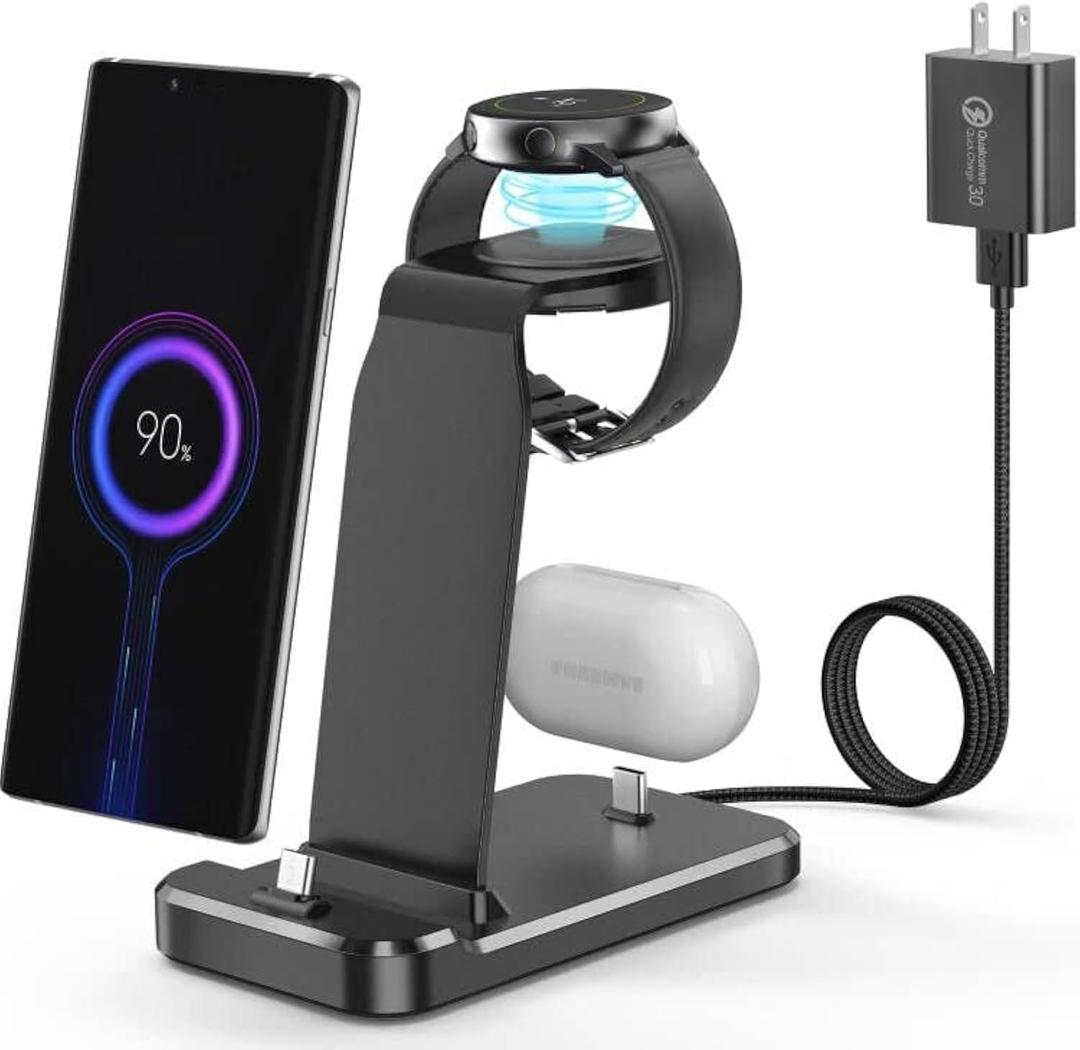 Charging Station for Samsung Multiple Devices,3 In 1 Fast Charging Stand Wireless Charger for Samsung Galaxy Watch 5/5 Pro/4/3/Active,Galaxy S23/S22/S21/S20/Note20/Note10/Z Flip 4/Z Fold 4,Galaxy Buds (Black)
