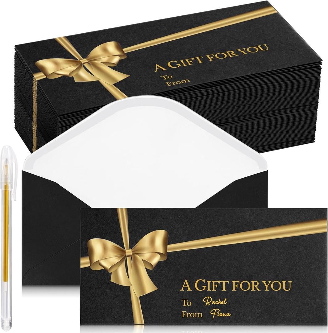 Qilery 50 Pcs Christmas Small Gift Card Envelopes with Golden Bow 3.15 x 6.69 Inch Christmas Money Currency Business Card Holders with Gold Ink Pen for Xmas Holiday Festival Party Supplies(Black)