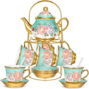 20 Pcs Porcelain Tea Set for Adults with Metal Holder and Spoon European Ceramic Tea Party Set Flower Painting Teapot Cup Saucer for Women Gift, Serving 6 People(Modern)