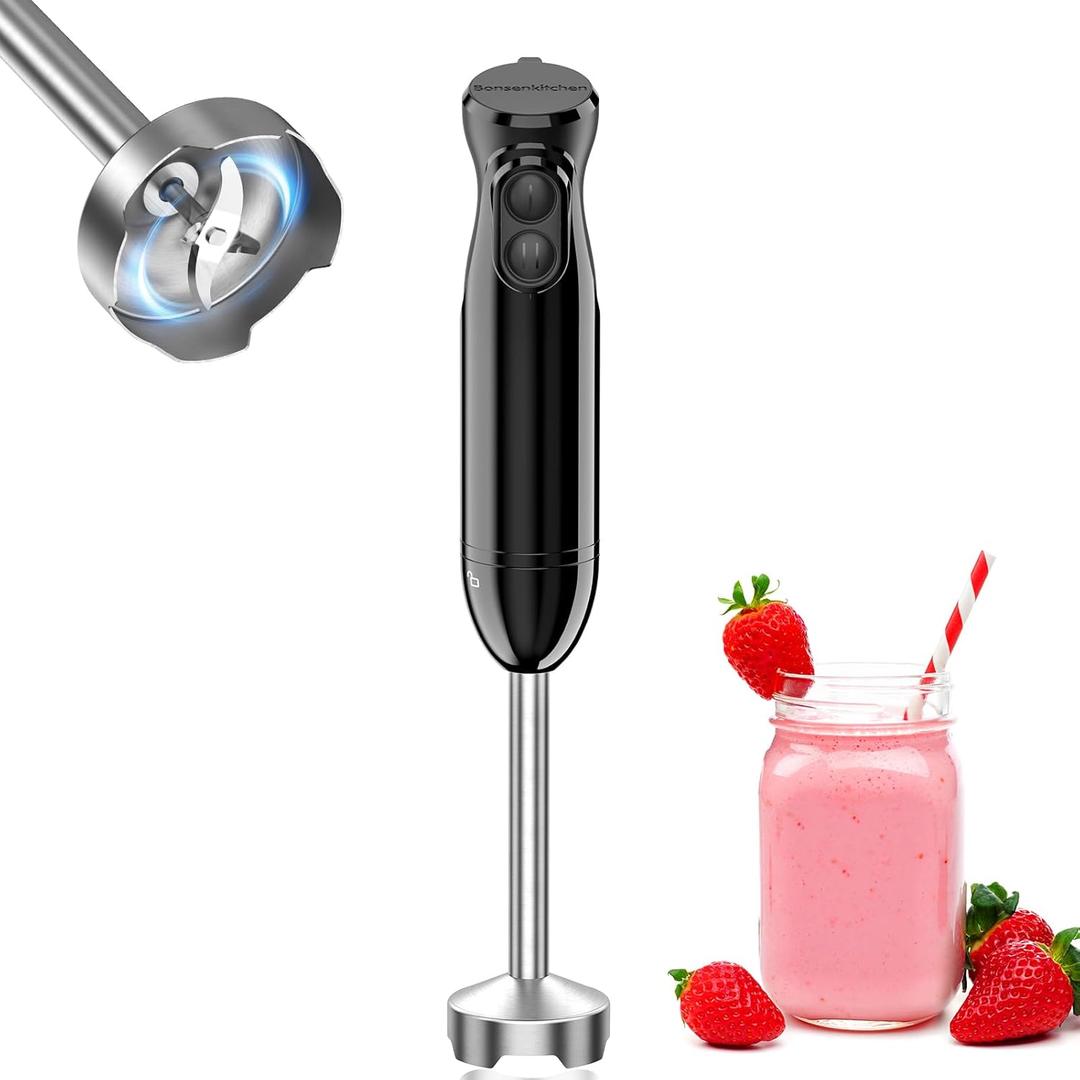 Bonsenkitchen Hand Blender, 1000W Stainless Steel 2 Speed, Mixing Rod for Baby Food, Soup, Smoothies, Puree, Sauce Hand Blender (Black)