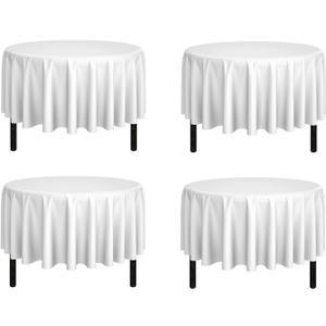 Pomp White 90" Inch Round Premium Polyester Tablecloth (4 Pack) | Wrinkle + Stain Resistant Easy Care Fabric | Fits Round or Circle Table
