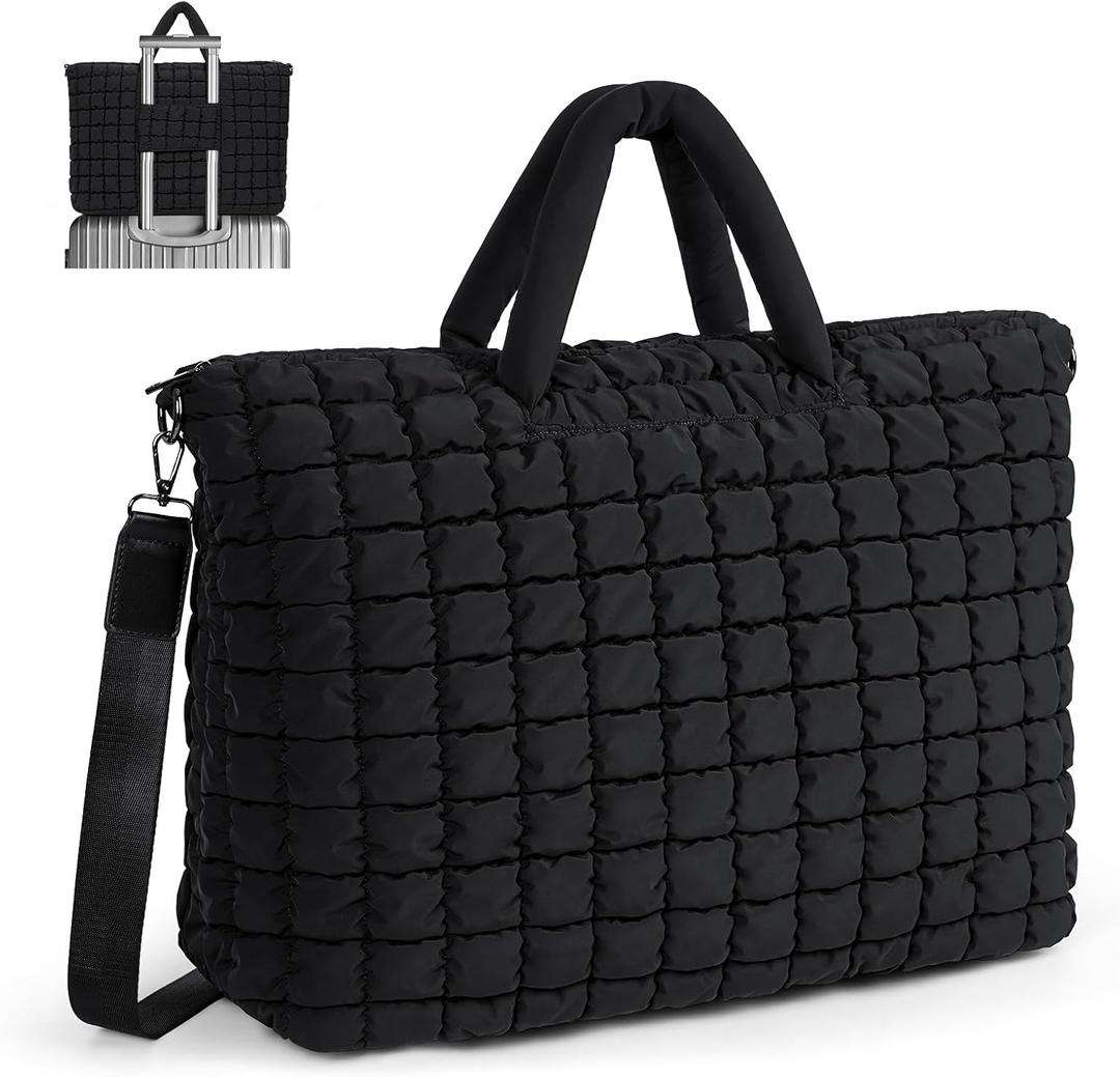 Quilted Duffle Bag for Travel, Large Puffer Duffel Weekender Bags Soft Gym Tote, Big Puffy Carry on Luggage Overnight (Black)