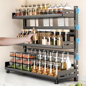 VORA Spice Rack for Countertop, 3 Tier Height-Adjustable Spice Organization for Cabinet, Kitchen Countertop Organizer, Metal Standing Large Seasoning Storage Shelf, Black 16"