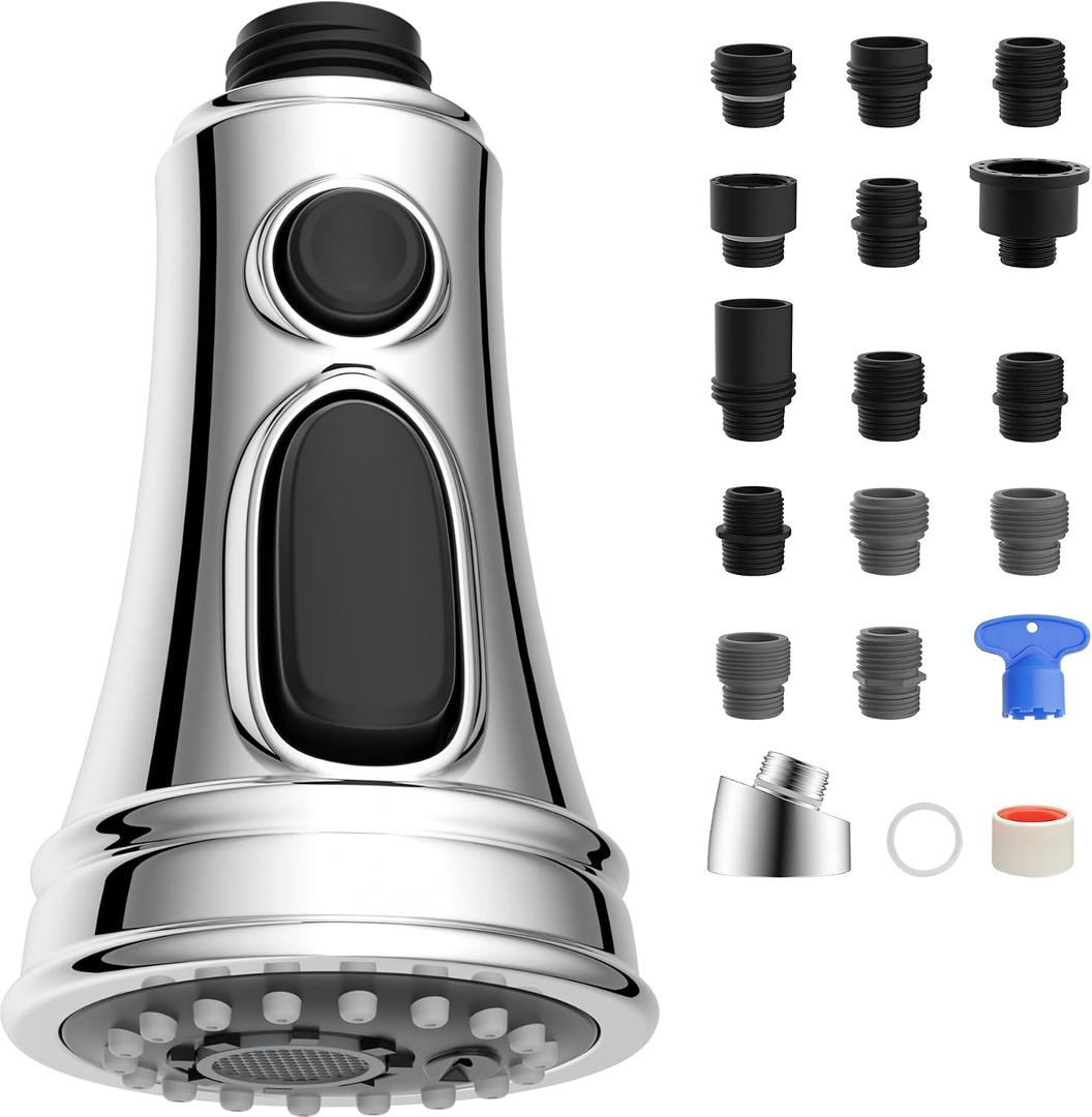 Hibbent Kitchen Faucet Head Replacement, NSF/ANSI/CAN 61 & CUPC Certified, 3 Function Pull Down Faucet Spray Nozzle - 15 Adapters Compatible with Moen, American Standard, Delta, Kohler - Chrome