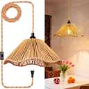 Hanging Lights with Plug in Cord Rattan Hanging Lamp Boho Ceiling Light Fixtures Farmhouse Pendant Lamp Shape for Living Room Bedroom Kitchen (12.4 Inch-Umbrella Shade)