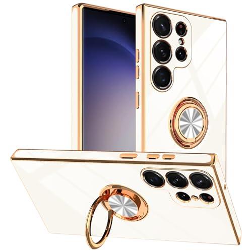 Tnarru Designed for Samsung Galaxy S23 Ultra Case with Ring Stand, Support Magnetic Car Mount Rotating Finger Holder Soft TPU Cover Plating Edge Slim Phone Case for Galaxy S23 Ultra White