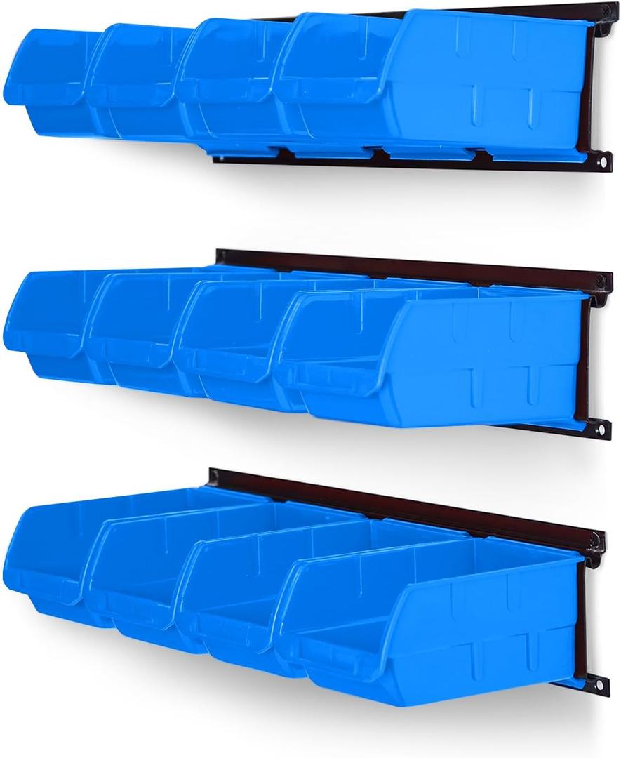 Ultrawall Wall Mounted Storage Bins, Plastic Hanging Storage Organizer Bins, Garage Tool Storage System for Screws, Nuts, Bolts, Nails, and Small Hardware Parts, 12x Bins & 3x Rails, Blue