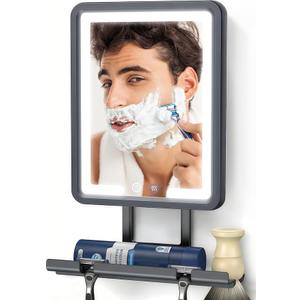 Heated Shower Mirror Fogless for Shaving with 3-Color Dimmable LED Lights, Rechargeable, 360 Degree Adjustable, Drill-Free, All-in-One Storage Tray Holds Shaving Foam, Brush and 2 Razors, Black