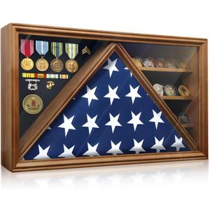 Large Military Shadow Box Display Case with HD Tempered Glass - Triangular Flag Case Fits 9.5x5' American Burial Flag, Removable Shelves for Coins, Backboard for Medals and Insignia, Walnut