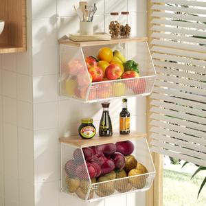 2 Tier Fruit Basket for Kitchen Counter, Stackable Onion and Potato Storage Basket, Wall Mounted Wire Basket with Wood Lid, Hanging Kitchen Storage Vegetable Organizer, 11.8 x 7.1 x 8.6 Inch (White)