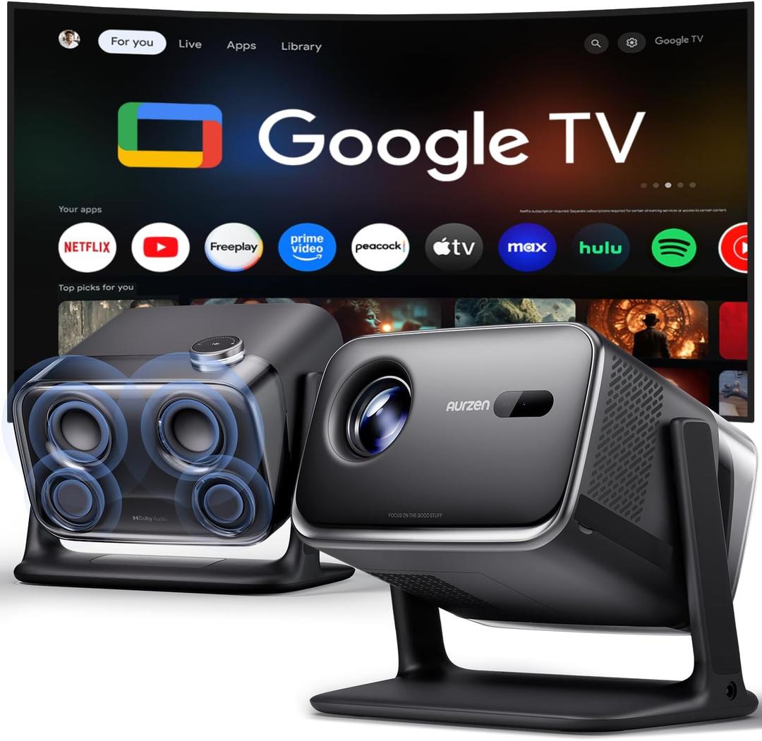 Aurzen BOOM mini Google TV Smart Projector with WiFi and Bluetooth, Voice Control, Family Mode, 20W Dolby Audio, Real-Time Focus, 4K Supported Movie Projector for Bedroom/Home Theater/Outdoor, Black